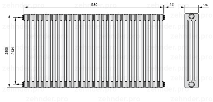 Схема (чертеж) Радиатор Zehnder Charleston 4250/30 №1270 Белый глянцевый RAL 9016